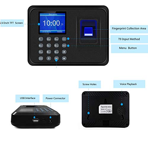 Máquina de Asistencia,Máquina Fichar de Asistencia Biométrica de Huella Dactilar con Sistema Española Pantalla LCD,Capacidad de 100.000 Registros,2.4 Pulgadas,con 8G Disco U