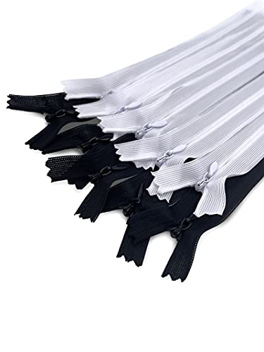 MARARDI Pack de 10 Cremalleras Invisibles [Blanco y Negro] de Nailon 22cm (9 Pulgadas) para Costura y Manualidades Perfecto para Confeccionar Ropa Bolsos Estuches