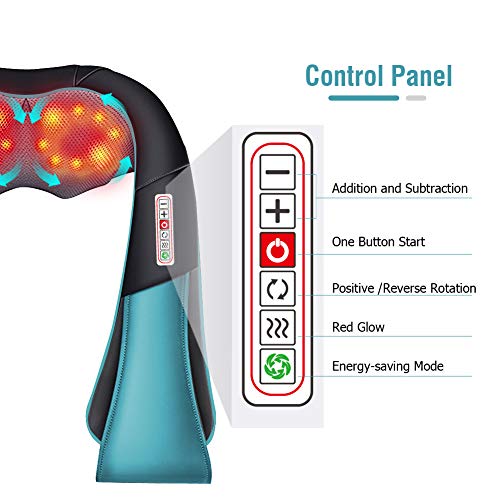 Masajeador de Espalda Electrico 16 Rodillos, 3D Rotación con Calor, 3 Intensidades, 6 Botones, Masajeador Cuello/Hombro/Piernas, Uso de la Oficina Doméstica y del Coche (Blue black)