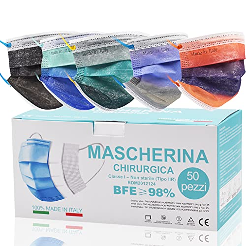 Mascarilla Quirurgicas Made In Italy, Mascarillas Colores Arco Iris Para Adultos 50 Piezas, Mascarillas Desechables Con Elásticos De Colores Tipo IIR Y Certificadas CE, Transpirables Y Cómodas (A29)