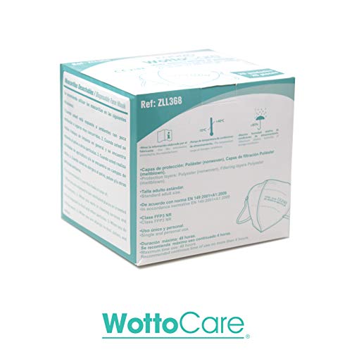 Mascarillas FFP3 NR CE 2163 WottoCare, 20 unidades en bolsa individual cierre grip, Homologada / Certificada, EN 149:2001+A12009 FFP3 NR. Gancho para ajuste cabeza