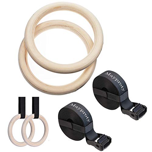 Mayporty Anillos de gimnasia de madera con correas ajustables de 32 mm de abedul, profesionales para entrenamiento de fitness