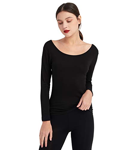 Mcilia Camiseta Interior para Mujer de Capa Térmica Modal de Manga Larga con Cuello Redondo Bajo Negro Medium (EU 40 42)