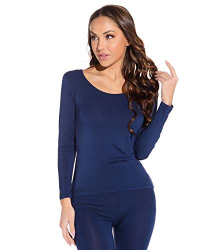 Mcilia Camiseta para Mujer Térmica Modal Ultradelgada de Manga Larga y Cuello Redondo Azul Clásico Small (EU 34 36 38)