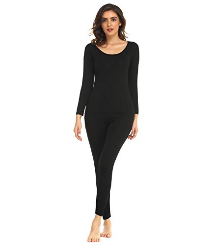 Mcilia Conjunto de Camiseta y Pantalones para Mujer de Ropa Interior Térmica Modal Ultradelgada con Cuello Redondo Negro Small (EU 34 36 38)