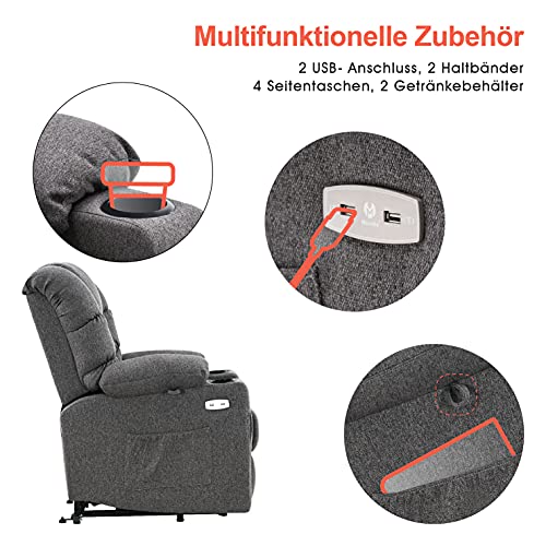 MCombo 7550 - Sillón de relax eléctrico con 3 motores independientes ajustables 7550, posición reclinable hasta 170°, reposapiés alargado (gris)