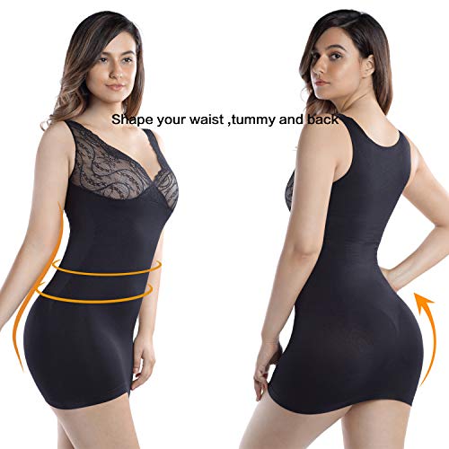 +MD Mujeres de Cuerpo Completo Fajas Control Firme Sin Costura Deslizamiento Cuello en v Encaje Bajo los Vestidos NegroM