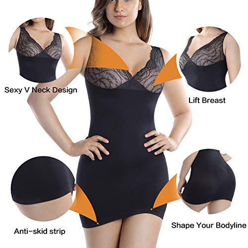 +MD Mujeres de Cuerpo Completo Fajas Control Firme Sin Costura Deslizamiento Cuello en v Encaje Bajo los Vestidos NegroM