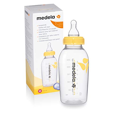 Medela Tetina de flujo medio de leche materna sin BPA con biberón de 250 ml - Tetina con biberón apto para el congelador y la nevera, para extraer, almacenar y alimentar