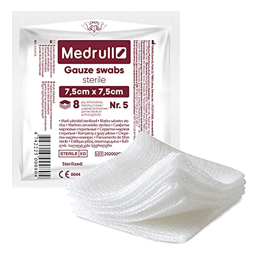 Medrull - Compresas estériles de gasa 100 unidades (20 x 5 unidades), 8 capas, 7,5 x 7,5 cm - Material para apósitos, compresas para heridas, vendas de gasa, apósitos de gasa para heridas