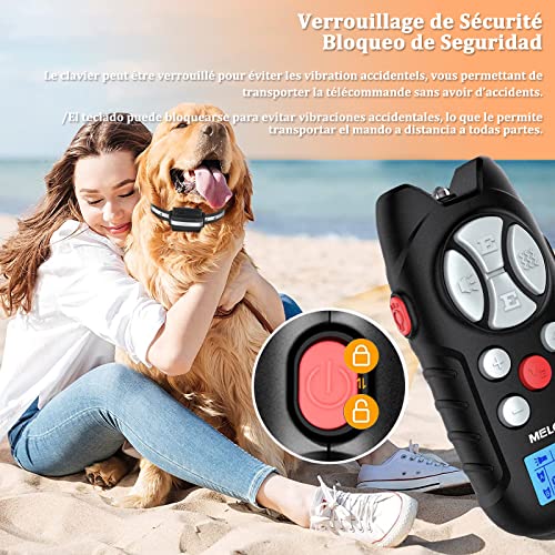 Meloive Collar de Adiestramiento para Perros con Mando a Distancia de 1000m, IPX67 Collar Anti-ladrido para Perros con Bloqueo de Teclado, 4 Modos de Adiestramiento Seguro con Pitido, Vibración y Luz