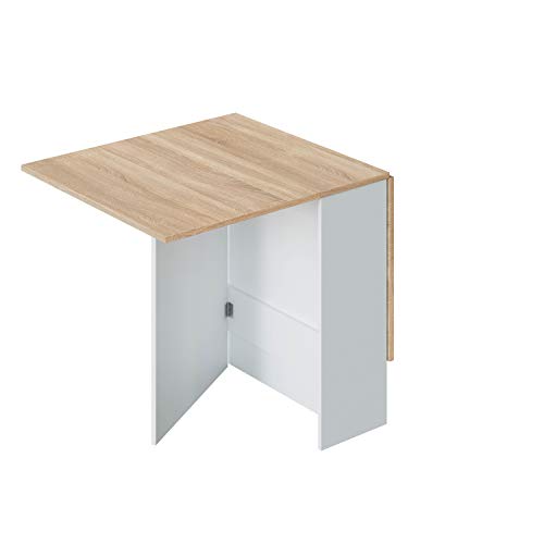 Mesa Auxiliar con Alas Abatibles, Mesa Cocina, Acabado en Color Blanco Artik y Roble Canadian, Modelo Fly, Medidas: 77 cm (Largo) x 31-140 cm (Ancho) x 79 cm (Alto)