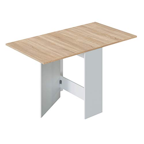 Mesa Auxiliar con Alas Abatibles, Mesa Cocina, Acabado en Color Blanco Artik y Roble Canadian, Modelo Fly, Medidas: 77 cm (Largo) x 31-140 cm (Ancho) x 79 cm (Alto)