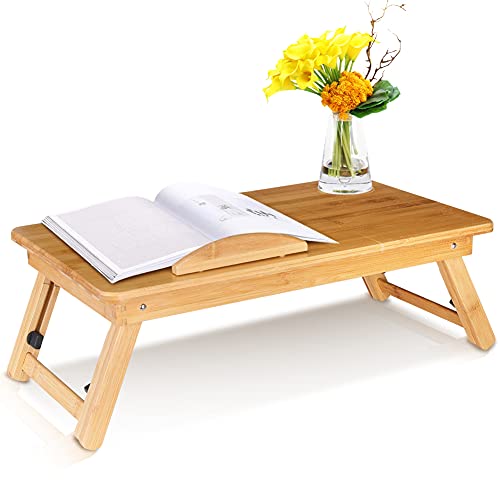 Mesa de cama plegable Bandeja de lectura con orificios de ventilación, soporte para computadora Cama portátil Mesa de computadora de bambú ajustable con cajón para leer, comer, trabajar en la cama, so