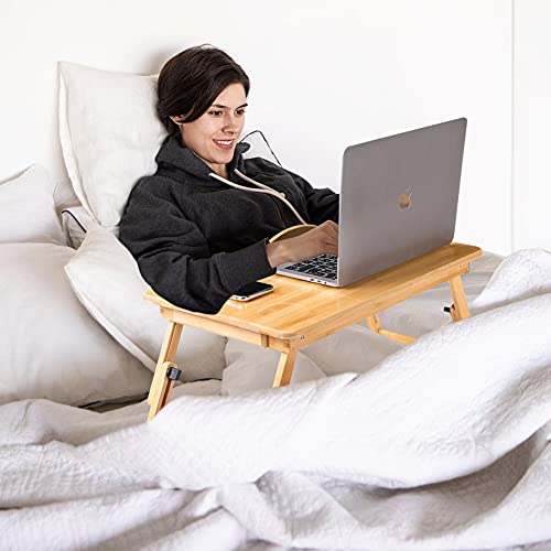 Mesa de cama plegable Bandeja de lectura con orificios de ventilación, soporte para computadora Cama portátil Mesa de computadora de bambú ajustable con cajón para leer, comer, trabajar en la cama, so