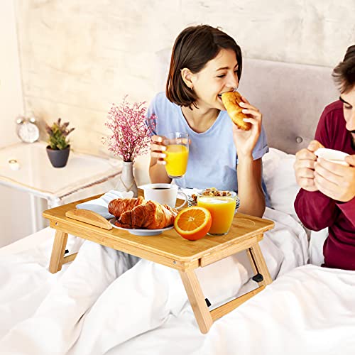 Mesa de cama plegable Bandeja de lectura con orificios de ventilación, soporte para computadora Cama portátil Mesa de computadora de bambú ajustable con cajón para leer, comer, trabajar en la cama, so