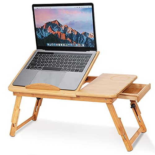 Mesa de cama plegable Bandeja de lectura con orificios de ventilación, soporte para computadora Cama portátil Mesa de computadora de bambú ajustable con cajón para leer, comer, trabajar en la cama, so