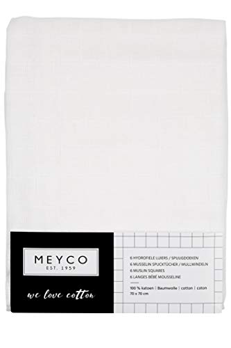 Meyco 452100 - Juego de 6 paños de muselina (70 x 70 cm, 100% algodón), color blanco