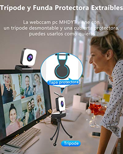 MHDYT Webcam PC con Microfono y Aro de Luz, Camara Web 1080p con Tapa y Tripode para Ordenador/Portatil/Mac, Web CAM para Youtube, Skype, Zoom, Xbox One, Videoconferencia y Videollamadas