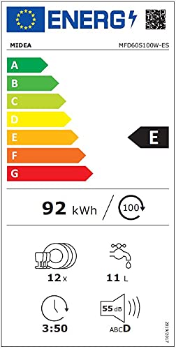 Midea - MFD60S100W-ES - Lavavajillas 60 cm - 12 servicios - 55 dB - Filtro antibacterias - Eliminación del 99.99% de Bacterias - Con sistema anti apertura infantil y programación horaria - Blanco