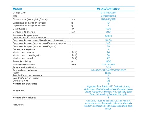 Midea MLD10/07K1500w, Lavasecadora de Libre Instalación, Carga Frontal, 10kg Lavado / 7kg Secado, 1500rpm