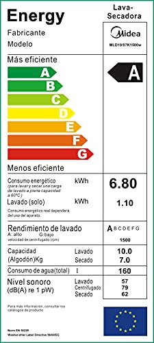 Midea MLD10/07K1500w, Lavasecadora de Libre Instalación, Carga Frontal, 10kg Lavado / 7kg Secado, 1500rpm