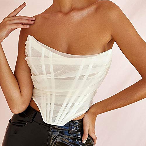 Midream Ver a través de malla sexy Crop Top mujeres sin mangas fuera del hombro corsé femenino Backless Bustier Tops S