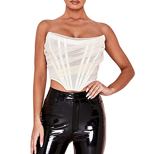 Midream Ver a través de malla sexy Crop Top mujeres sin mangas fuera del hombro corsé femenino Backless Bustier Tops S