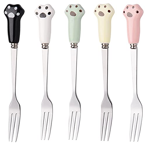 Mini Tenedores Para Frutas Mango Tenedores Fruta Acero Frutas Mini Postre Bocadillo Tenedor De Fruta De Acero Inoxidable Postre Lindo Tenedor De Fruta Con Forma De Pata De Gato 5 Colores (5 pcs)