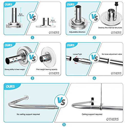 Misounda Barras De Cortina Ducha En U Esquina Sin Taladro, 304 Acero Inoxidable Barra Cortina Bañera Ducha Extensible Apto Para Baño, Cocina, Vestidor. (Inox, (70-100) x 90 x (70-100) cm)