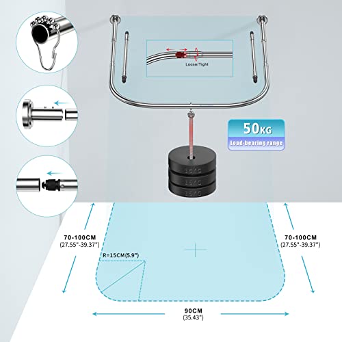 Misounda Barras De Cortina Ducha En U Esquina Sin Taladro, 304 Acero Inoxidable Barra Cortina Bañera Ducha Extensible Apto Para Baño, Cocina, Vestidor. (Inox, (70-100) x 90 x (70-100) cm)