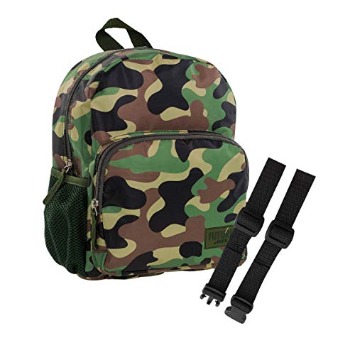 Mochila infantil con estampado de camuflaje, verde, marrón y negro, correa para el pecho de 4-8 años