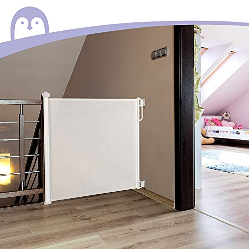 Momcozy Barrera Seguridad Niños Escalera, 0-140cm Retráctil Puertas de Seguridad para Niños Versión Mejorada, Uso Más Suave y Silencioso, para Escaleras y Pasillos, Interiores y Exteriores