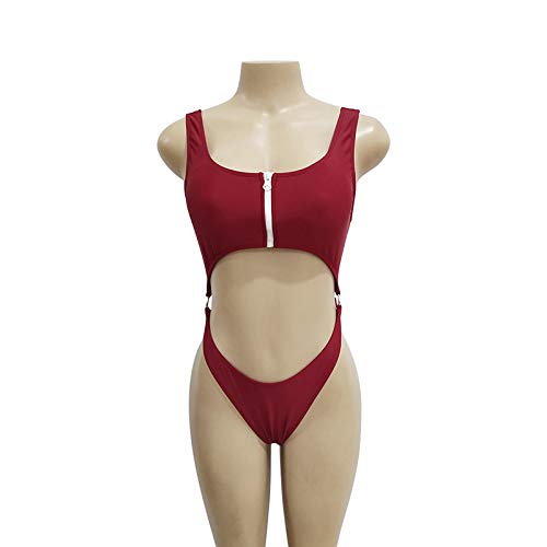 Monbedos - Traje de baño para mujer con cremallera siamétrica en el vientre cervical, encaje sexy, cintura alta Deep Redm. M