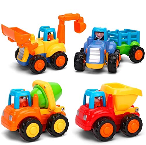 Moontoy Vehículos de Construcción Coche de Juguete Coche de Friccion Camion de Juguete Coche de Juguete de Plástico Regalo de los Niños(Tractor, Niveladora, Camión del Mezclador, Camiones)