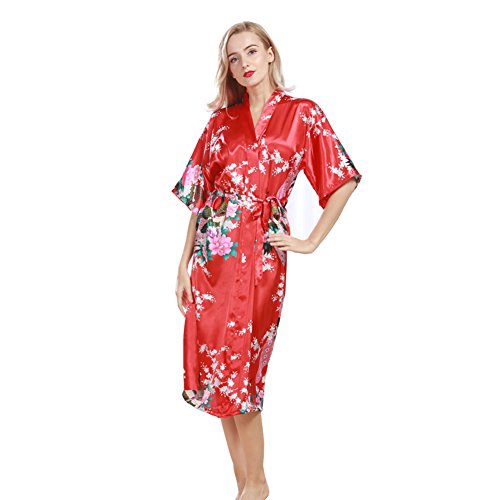 Morbuy Vestido Pijama Pavo Real Mujer Kimono Corto Bata de Satén Kimono Satén Bata Albornoz Camisón