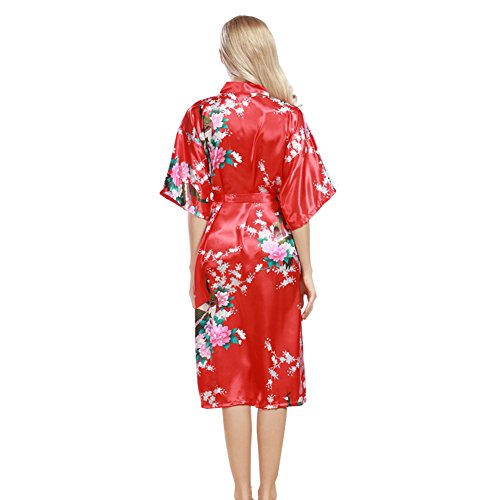 Morbuy Vestido Pijama Pavo Real Mujer Kimono Corto Bata de Satén Kimono Satén Bata Albornoz Camisón