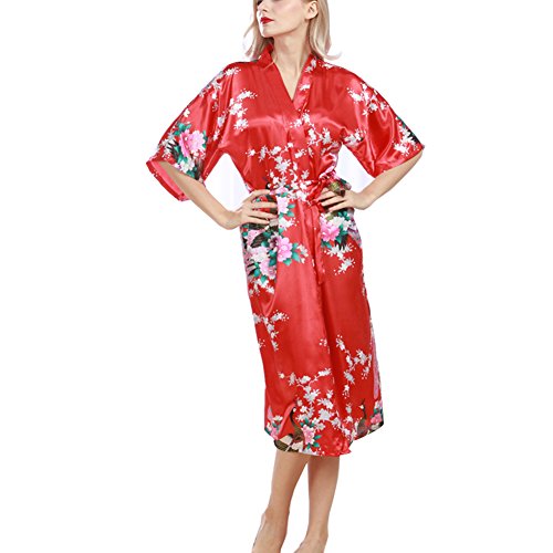 Morbuy Vestido Pijama Pavo Real Mujer Kimono Corto Bata de Satén Kimono Satén Bata Albornoz Camisón