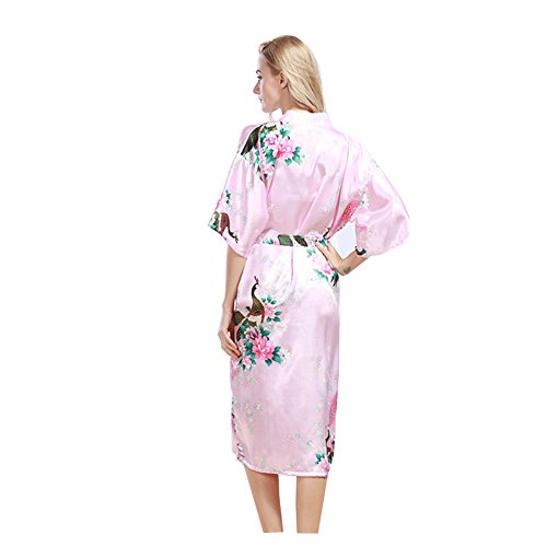 Morbuy Vestido Pijama Pavo Real Mujer Kimono Corto Bata de Satén Kimono Satén Bata Albornoz Camisón