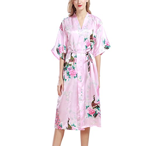 Morbuy Vestido Pijama Pavo Real Mujer Kimono Corto Bata de Satén Kimono Satén Bata Albornoz Camisón