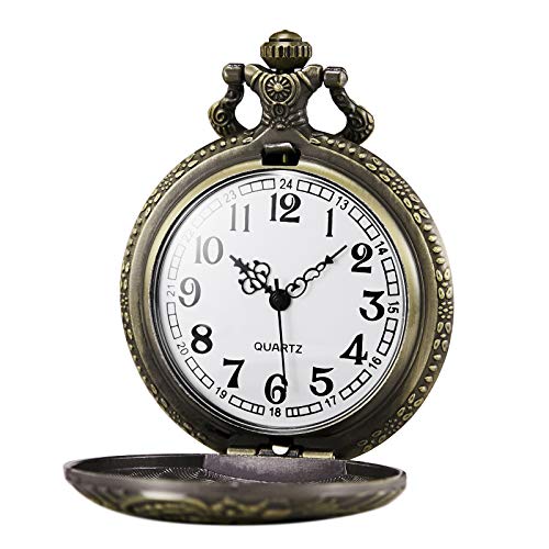 Morfong Reloj de bolsillo de cuarzo para hombres y mujeres con cadena, color bronce