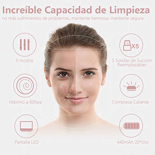 Mosen Limpiador de Poros Succionador de Puntos Negros Limpiador Facial Blackhead Remover Extractor Puntos Negros USB Recargable con Pantalla LED 5 Cabezales Pulidores Faciales