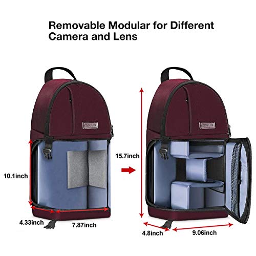 MOSISO Cámara Bolso Bandolera, Mochila a Prueba de Golpes con Correa Crossbody Ajustable y Inserciones Modulares para Cámaras DSLR/SLR/Mirrorless(Compatible con Canon/Nikon/Sony/Fuji),Vino Rojo