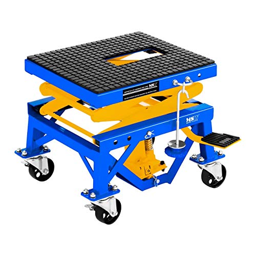 MSW MHB-135-PRO Elevador Tijera Elevador Moto Caballete Hidraulico con Rueditas (135 kg, 4 Ruedas, Altura 35–87 cm, Plataforma 41x35 cm, Acero)