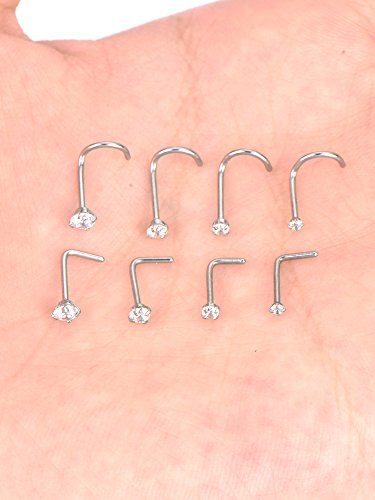 Mudder 20 Guage Piercing de Nariz de Acero Inoxidable Aros de Nariz de Zirconia Cúbica Joya de Cuerpo, Forma de Tornillo y L Curvado, 8 Piezas