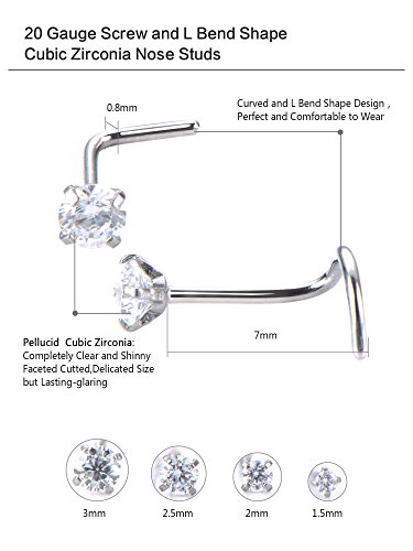 Mudder 20 Guage Piercing de Nariz de Acero Inoxidable Aros de Nariz de Zirconia Cúbica Joya de Cuerpo, Forma de Tornillo y L Curvado, 8 Piezas