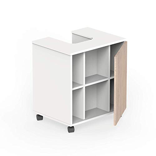 Muebles Pitarch Sintra Mueble para Tapar Pie de Lavabo, Aglomerado de partículas y melamina de Alta Densidad, Combinado Blanco y Roble Aurora, 64 x 59 x 45 cm