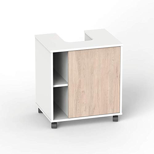 Muebles Pitarch Sintra Mueble para Tapar Pie de Lavabo, Aglomerado de partículas y melamina de Alta Densidad, Combinado Blanco y Roble Aurora, 64 x 59 x 45 cm