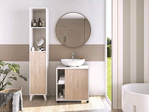 Muebles Pitarch Sintra Mueble para Tapar Pie de Lavabo, Aglomerado de partículas y melamina de Alta Densidad, Combinado Blanco y Roble Aurora, 64 x 59 x 45 cm