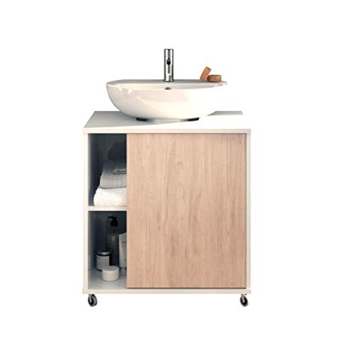 Muebles Pitarch Sintra Mueble para Tapar Pie de Lavabo, Aglomerado de partículas y melamina de Alta Densidad, Combinado Blanco y Roble Aurora, 64 x 59 x 45 cm